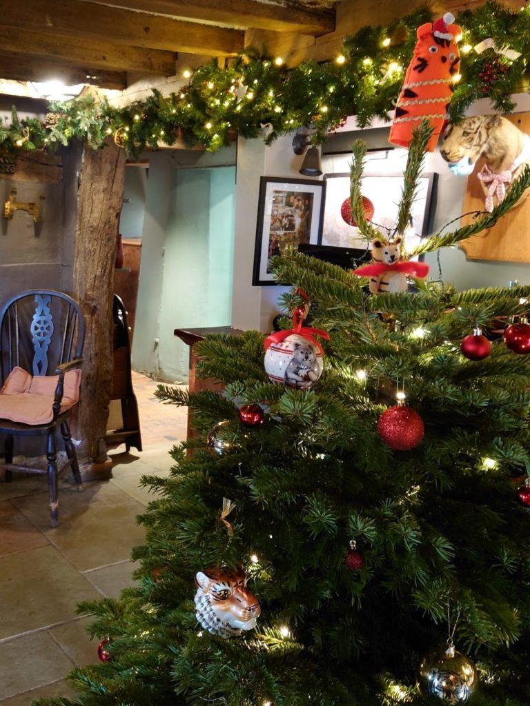 Relax in the pub at Christmas with a drink by the fire.